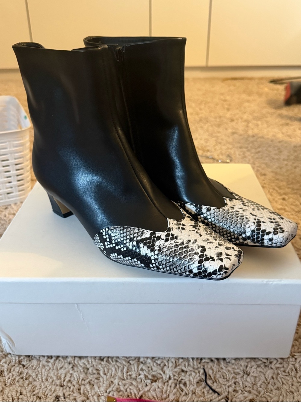 Designer Ankle Boots with Black-and-White Snake-Print Toe US 8